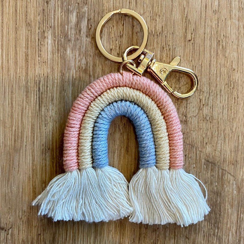 Rainbow Macrame Keychain ~ Pink, blue, yellow